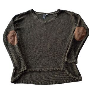 QUINN Open Knit Elbow Patch Sweater M Dark Green V Neck Hi Low Cotton Academia